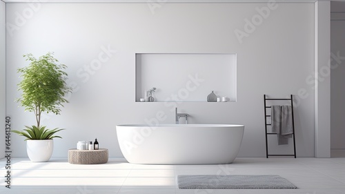 a modern white bathtub surrounded by pristine white towels and neatly placed slippers  all within a minimalist bathroom interior. The scene highlights the simplicity and elegance