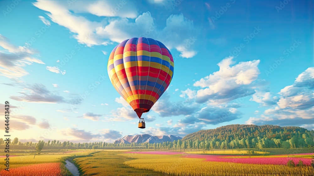 Fototapeta premium a colorful hot air balloon gracefully floating over a picturesque field with a radiant blue sky as the backdrop. The scene embodies the thrill of a hot air balloon ride.