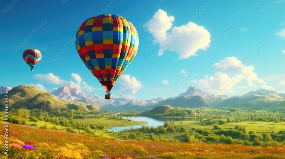 Fototapeta premium a colorful hot air balloon gracefully floating over a picturesque field with a radiant blue sky as the backdrop. The scene embodies the thrill of a hot air balloon ride.