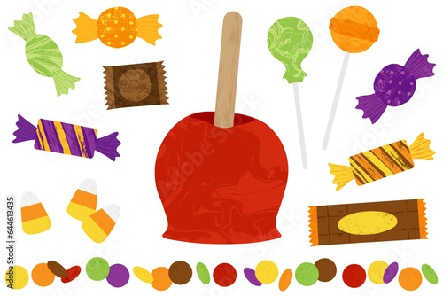 A set of Halloween candy items in a cut paper style with textures
