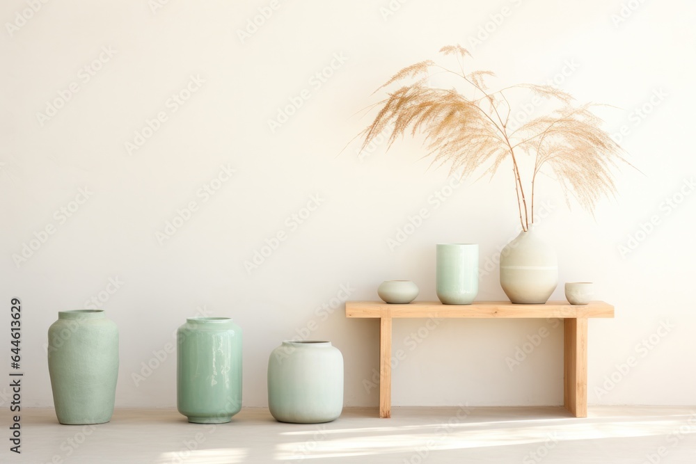 A vibrant display of wall-hung vases and earthenware bowls sits atop a sleek table, creating a bold and stylish interior design A vibrant display of wall-hung vases and earthenware bowls sits atop a sleek table, creating a bold and stylish interior design