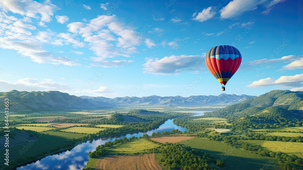 Naklejka premium a colorful hot air balloon gracefully floating over a picturesque field with a radiant blue sky as the backdrop. The scene embodies the thrill of a hot air balloon ride.