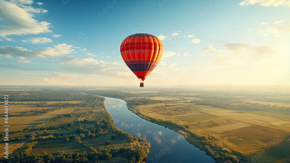 Obraz premium a colorful hot air balloon gracefully floating over a picturesque field with a radiant blue sky as the backdrop. The scene embodies the thrill of a hot air balloon ride.