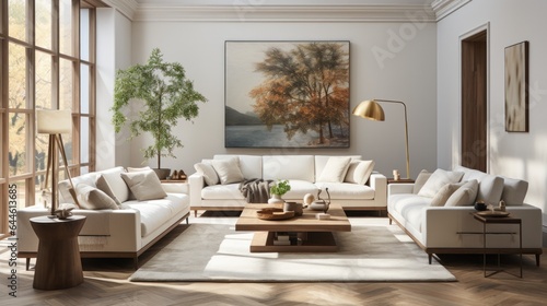 This homey living room features white furniture, lush pillows, a loveseat, and an artfully placed vase, creating a cozy atmosphere perfect for relaxing and spending time with loved ones © mockupzord