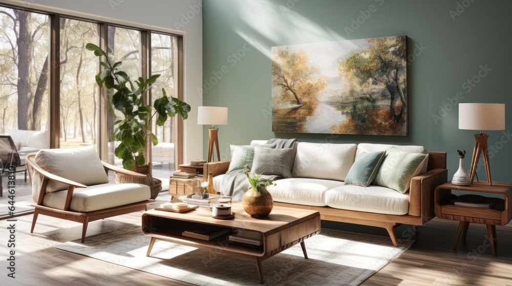 Fototapeta premium A vibrant living room with inviting furniture, a stunning wall painting, and a cozy atmosphere full of comfort and design