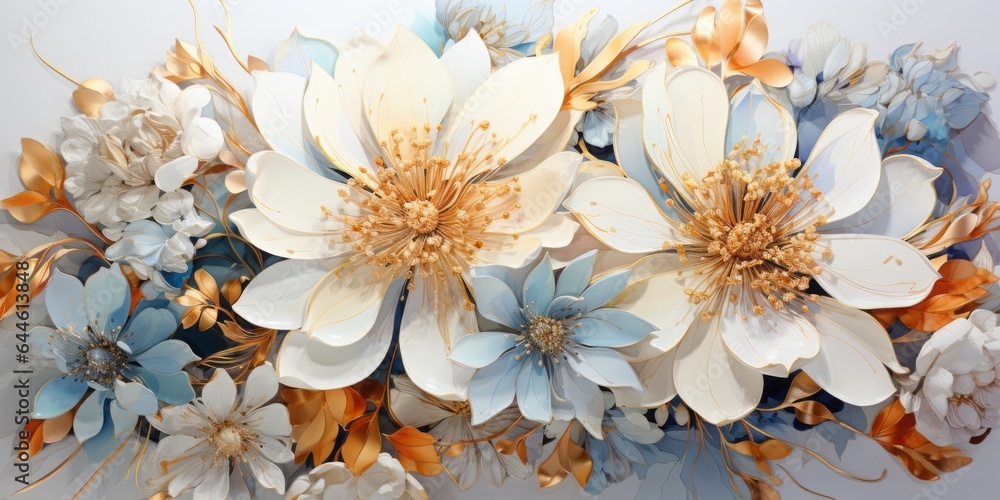 Delicate watercolor flowers bloom on canvas, their petals adorned with intricate gold and silver accents, fusing natural beauty with hints of metallic elegance. - obrazy, fototapety, plakaty 