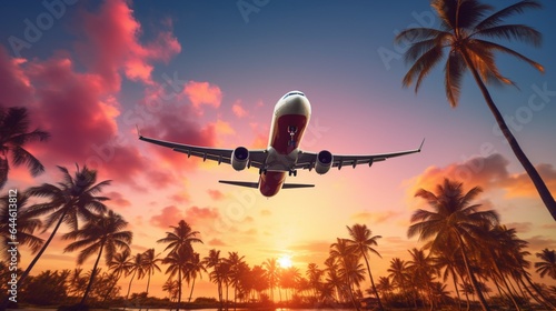 Airplane flying above palm trees in clear sunset sky with sun rays. Concept of traveling  vacation and travel by air transport. Beautiful sky background