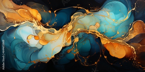 Turquoise and gold liquid ink flow 