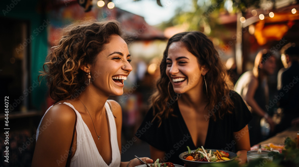 Beautiful happy women eating mexican streetfood on a mexican street with a blurry background