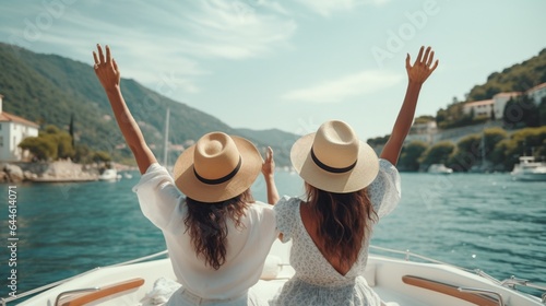Back portrait of two female friends sitting on boat, waving with hat while talking and enjoying looking at seaside. Sisters finally took vacation to visit