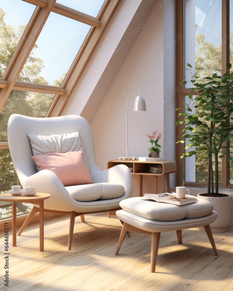 Fototapeta premium A cozy living room filled with warmly colored furniture, a vase of vibrant pink flowers, and a sunny window inviting in natural light and tranquility