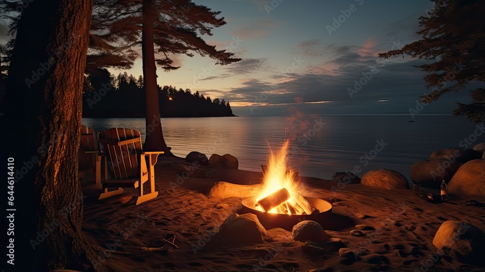 a vibrant campfire burning in a cast iron fire pit on a forest beach, with the enchanting backdrop of light bulb garlands draping through the trees. The scene embodies the allure of a summer night a vibrant campfire burning in a cast iron fire pit on a forest beach, with the enchanting backdrop of light bulb garlands draping through the trees. The scene embodies the allure of a summer night