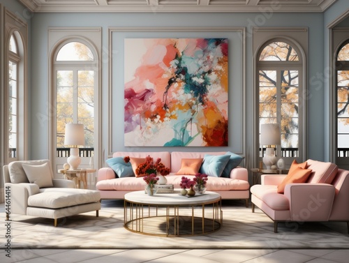 A cozy den with vibrant pink couches, a plush loveseat, decorative vases, and an eye-catching painting on the wall that brings the room to life © mockupzord