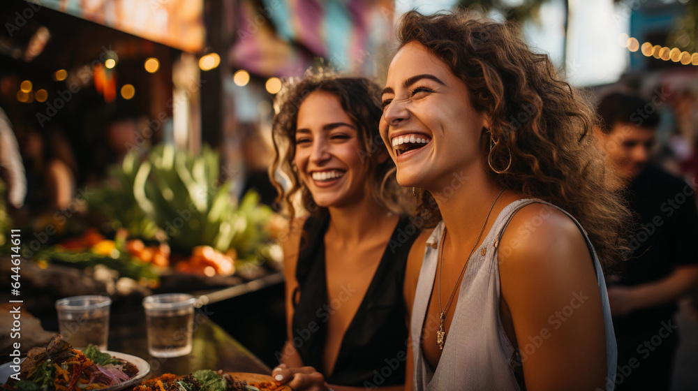 Beautiful happy women eating mexican streetfood on a mexican street with a blurry background