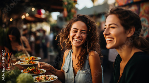 Beautiful happy women eating mexican streetfood on a mexican street with a blurry background