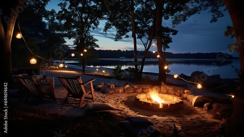 a vibrant campfire burning in a cast iron fire pit on a forest beach, with the enchanting backdrop of light bulb garlands draping through the trees. The scene embodies the allure of a summer night