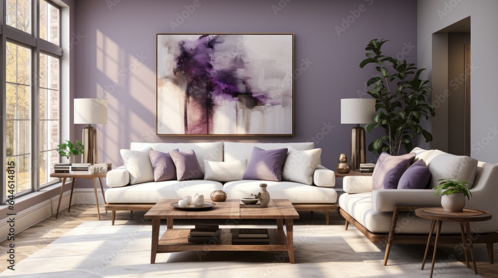 A cozy den adorned with a luxurious couch, stylish pillows, a vibrant vase, and a captivating painting on the wall creates an inviting and stylish living room A cozy den adorned with a luxurious couch, stylish pillows, a vibrant vase, and a captivating painting on the wall creates an inviting and stylish living room