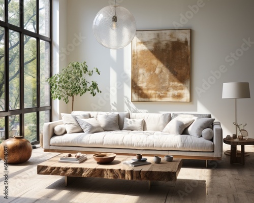A cozy den boasting a stylishly arranged living room with a plush couch, warm cushions, and a striking vase perched atop a timeless coffee table, creating an inviting atmosphere for relaxation