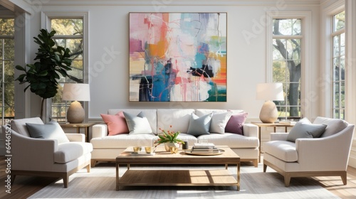 A cozy den filled with inviting furniture, vibrant art, and cozy cushions offers a warm and inviting atmosphere for family and friends to gather and relax