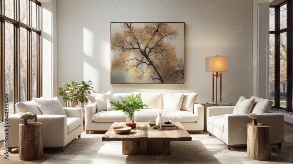Fototapeta premium This minimalist yet inviting living room features a modern design of white furniture, soft cushions, and an eye-catching painting on the wall, creating a cozy atmosphere perfect for relaxing