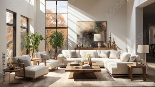 This living room features a sleek, modern design with white furniture and accents, including a couch, loveseat, and coffee table, that bring a sense of comfort and warmth to the space © mockupzord
