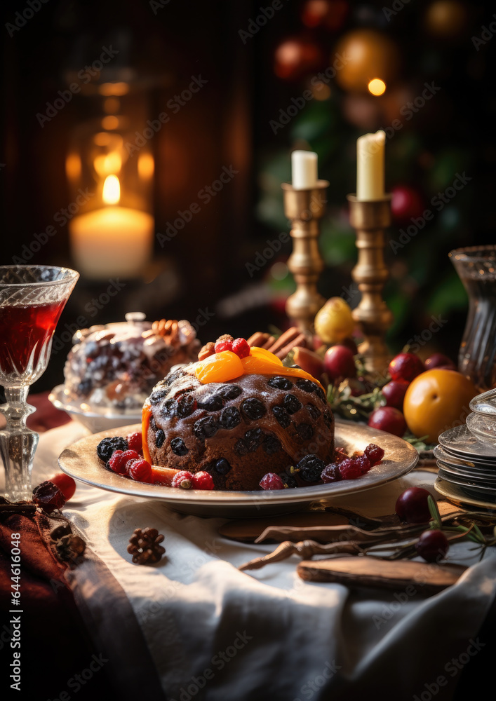 Generative AI, traditional english christmas pudding, raisin cupcake, new year baking, festive food, feast, dinner, delicious gourmet cake, dessert, candles, home atmosphere, space for text