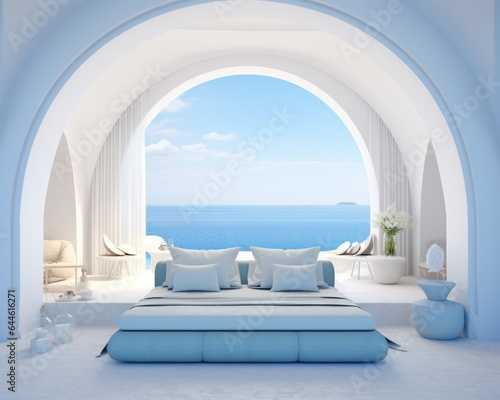 The sky outside the window casts a tranquil glow on the cozy furniture, creating a peaceful atmosphere inside the room filled with a couch, bed, and pillows