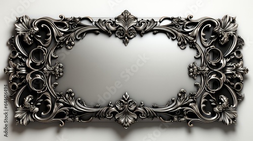 3d render. Luxury metal frame with ornament on black wall. Decorative frame for paintings, mirrors or photo. 