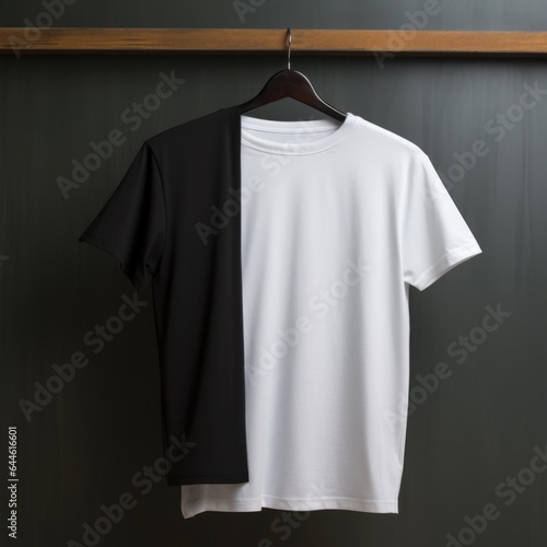 Black and white t-shirt on wooden hanger, stock photo. 