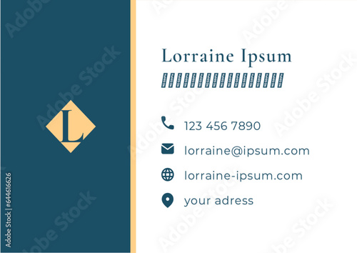 Carte de visite moderne et minimaliste. élégante carte de visite professionnelle, avec un fond vert en duo et blanc et du jaune. Carte sobre, professionnelle, géométrique, avec un logo luxueux or