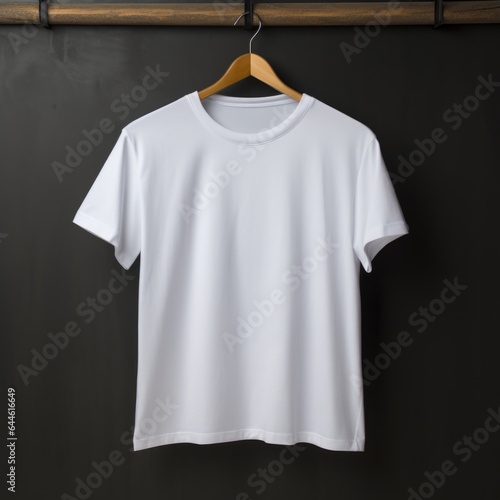 White t-shirt on wooden hanger, stock photo. 