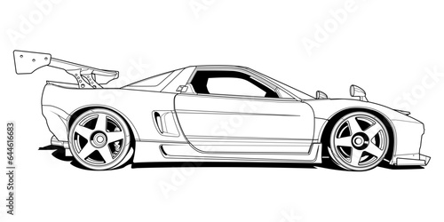 Coloring page vector line art for book and drawing. Black contour sketch illustrate Isolated on white background. High speed drive vehicle. Graphic element. Illustration car. Stroke without fill
