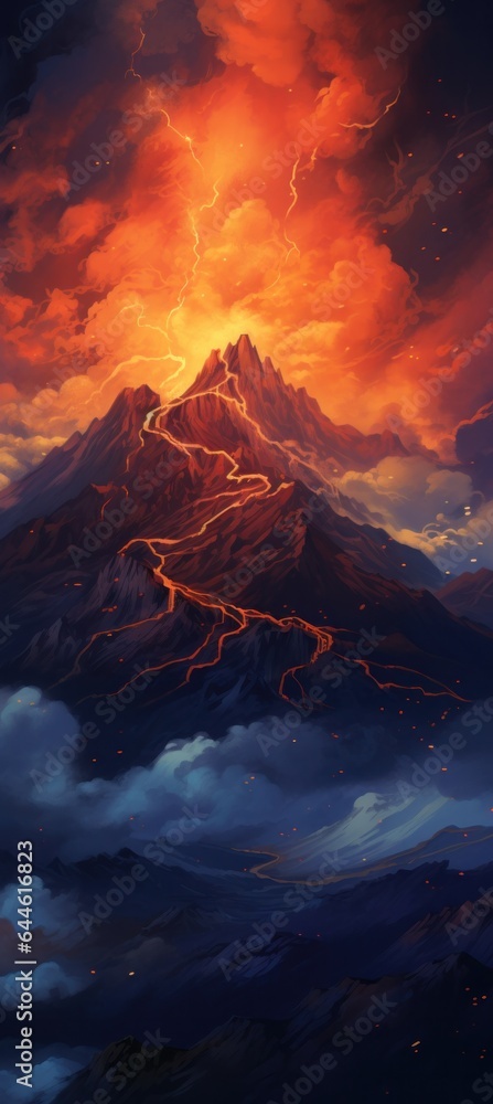 Against a sky illuminated by a vibrant sunset, an imposing volcano stands tall, its fiery lava trail a reminder of its destructive power and beauty of nature