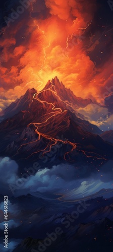 Against a sky illuminated by a vibrant sunset, an imposing volcano stands tall, its fiery lava trail a reminder of its destructive power and beauty of nature