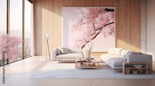 This cozy living room, with its inviting furniture, classic wall design, and peaceful cherry blossom tree mural, provides a calming and elegant atmosphere for any occasion photo