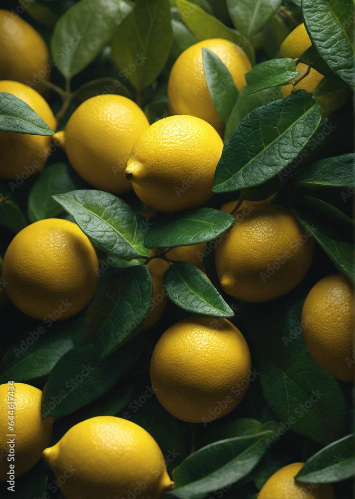 Bunch of Lemon fruit over green natural garden Blur background, Lemon fruit with leaves in blur background.