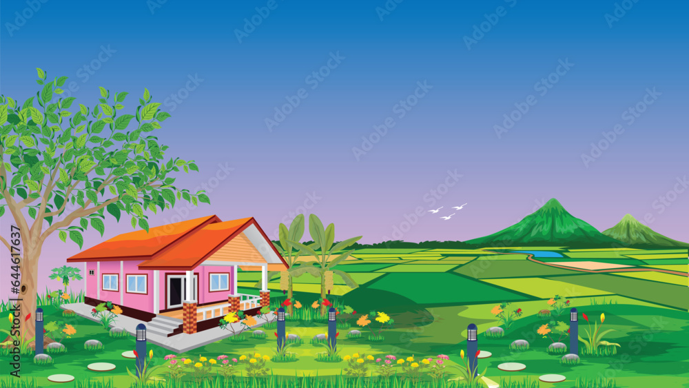 beautiful home with flower garden,paddy field vector design