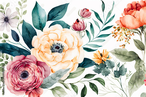 Seamless watercolor floral pattern with flower composition created with generetive AI technology