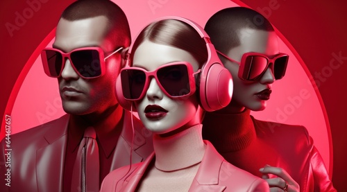 A fashion-forward group of individuals stands out with their vibrant maroon sunglasses and headphones, making a bold statement with their stylish accessories