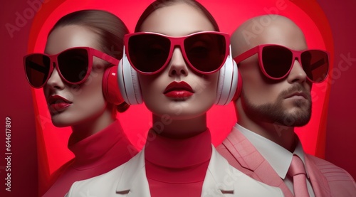 A group of fashion-savvy individuals stand together, all donning stylish sunglasses and headphones, their lips a fiery red against the maroon eyewear and cool accessories