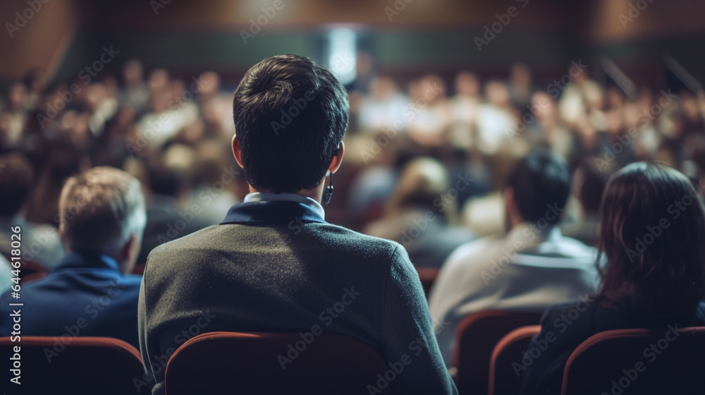A speaker addressing an audience in an auditorium during a seminar, viewed from behind, showcasing the educational interaction. A speaker addressing an audience in an auditorium during a seminar, viewed from behind, showcasing the educational interaction.