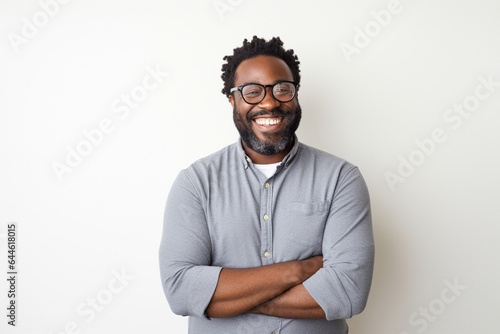 A joyful portrait of a Black man in glasses against a white backdrop. photo