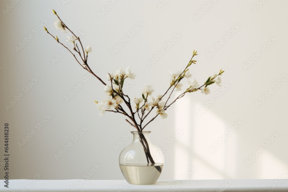 A solitary vase filled with elegant white flowers stands against a stark wall, its delicate ikebana branches a reminder of nature's beauty within the confines of an indoor space