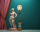 A majestic golden statue of a woman holding a glowing lamp illuminates the walls of the room, her graceful figure a captivating reminder of the beauty of art