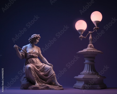 A majestic sculpture of a woman gracefully perched beside a lamp post, illuminating the surrounding darkness with its gentle light, speaks volumes of the creative genius behind it