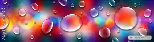 Abstract Vector Background with Transparent Water Drops on Bright Colorful Gradient.
