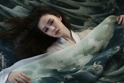 A solitary woman lies motionless with a mysterious fabric covering her face, evoking a sense of surreal beauty and mysterious stillness within the indoor art of an underwater portrait
