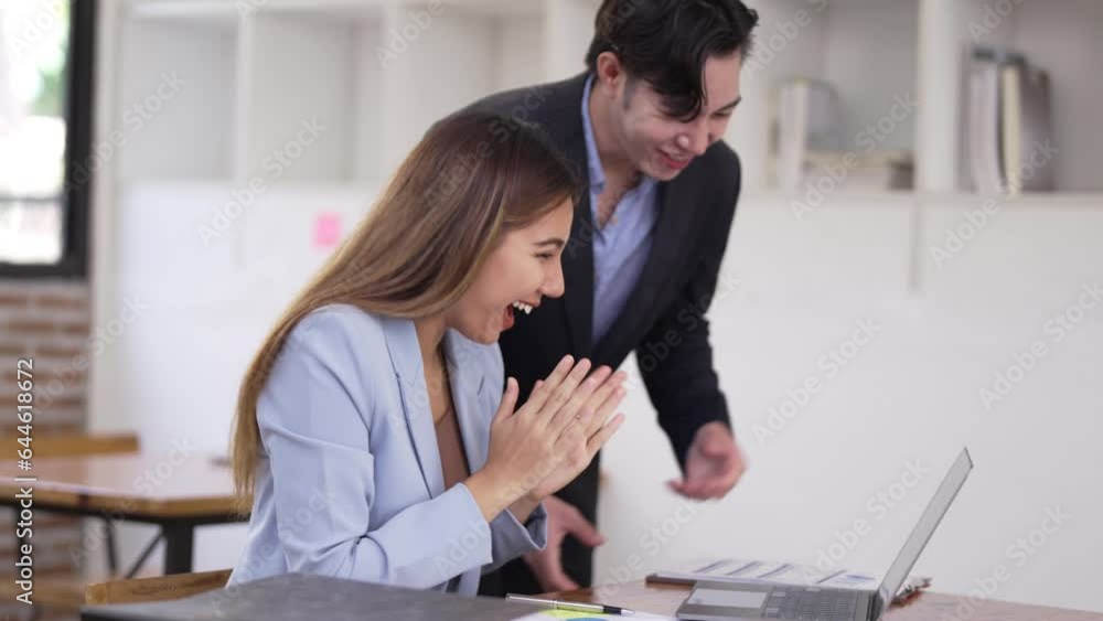 Excited Happy Business people looking on laptop successful agreement. Excited Happy Business people looking on laptop successful agreement.