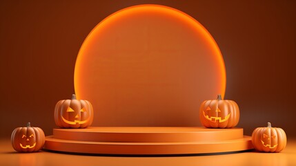 Halloween podium background pumpkin product platform scene display. Background orange autumn podium 3D render scary party spooky fall, happy halloween mockup abstract studio pedestal. Generative AI