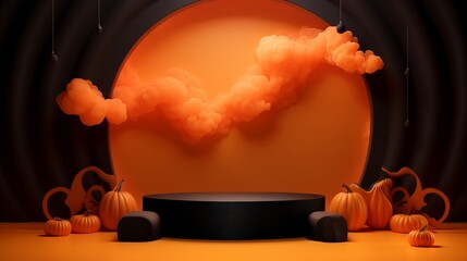 Halloween podium background pumpkin product platform scene display. Background orange autumn podium 3D render scary party spooky fall, happy halloween mockup abstract studio pedestal. Generative AI